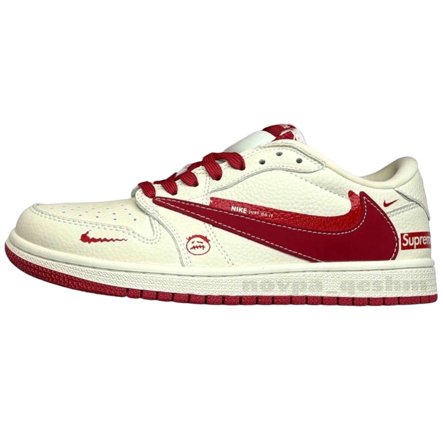 کفش کتونی نایک ایر جردن وان لو تراویس اسکات سوپریم NIKE AIR JORDAN 1 LOW X TRAVIS SCOTT X SUPREME کرم قرمز