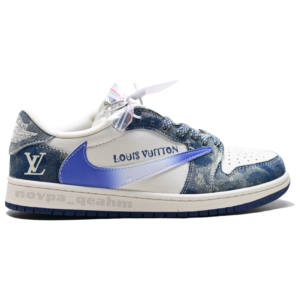 کفش کتونی زنانه و مردانه نایک ایر جردن وان لویی ویتون تراویس اسکات NIKE AIR JORDAN 1 LOUIS VUITTON X TRAVIS SCOTT آبی سفید