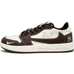 کفش کتونی مردانه تراویس اسکات ایر جردن 1 ان وای Travis Scott x MLB Air Jordan 1 NY سفید قهوه ای