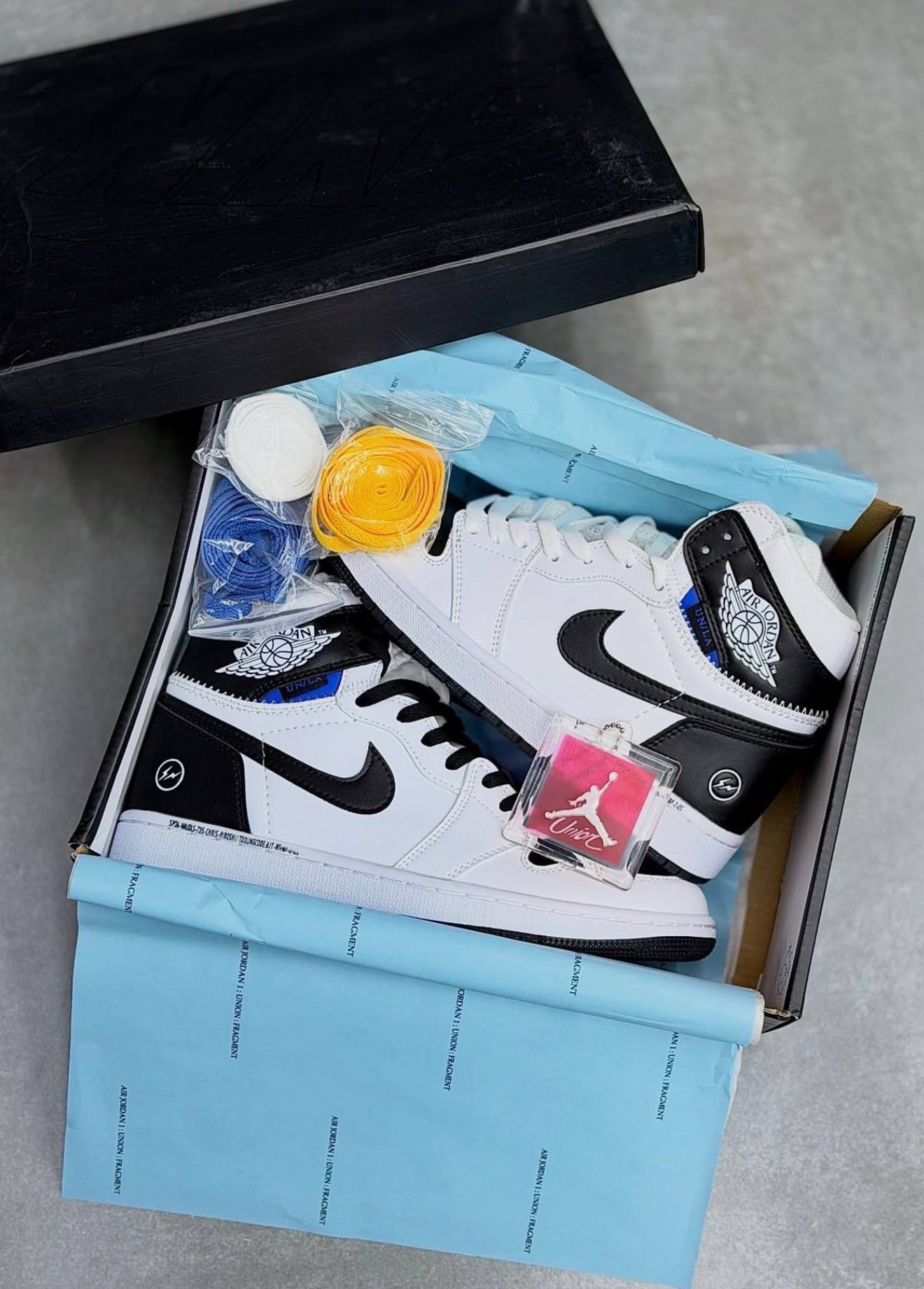 کفش کتونی نایک ایر جردن 1 ساقدار فرگمنت سفید مشکی Nike Air Jordan 1 Fragment x Union LA White Black سفید مشکی